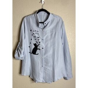 Womens‎  XXL Button Front Tunic Blouse Blue Black Cat Butterfly Roll Tap Sleeves